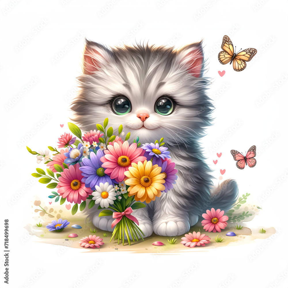 Cute Fluffy Gray Cat Flowers and Butterfly