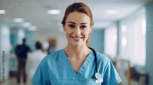A smiling female doctor carrying a stethoscope and blue clothes. generative AI
