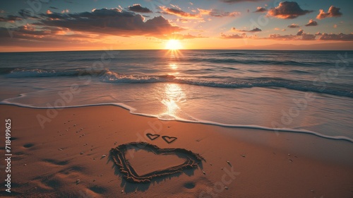 A heart drawn in the sand captures the romantic essence of the beach at sunset.