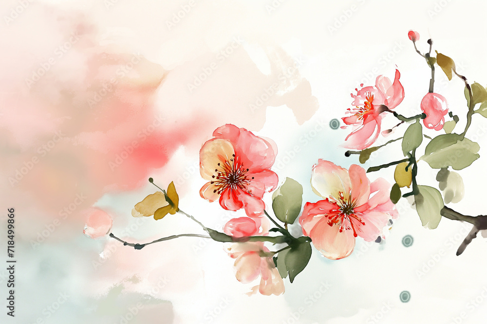 Card Illustration: A beautiful spring scene with blooming flowers on the branches. Displays bright pink flowers of sakura, oleander, and peonies. Card Illustration: A beautiful spring scene with blooming flowers on the branches. Displays bright pink flowers of sakura, oleander, and peonies.