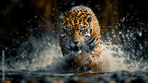 a close up of a leopard in the water with a splash of water on it's face and it's face.