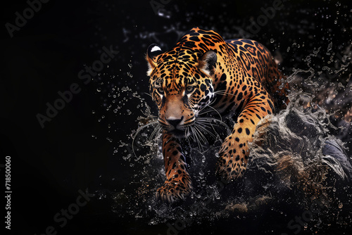 a close up of a leopard in the water with a splash of water on it's face and it's face.