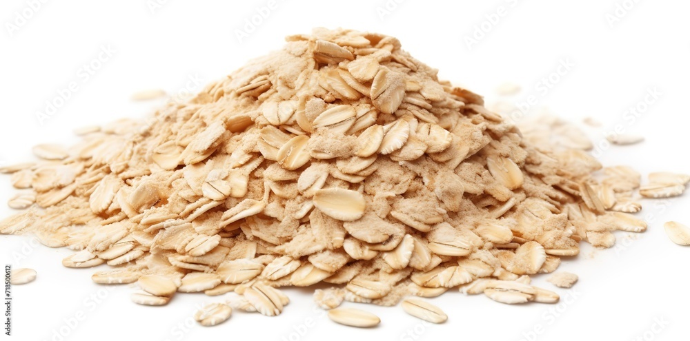 Pile of oatmeal in photo on white background. generative AI Pile of oatmeal in photo on white background. generative AI
