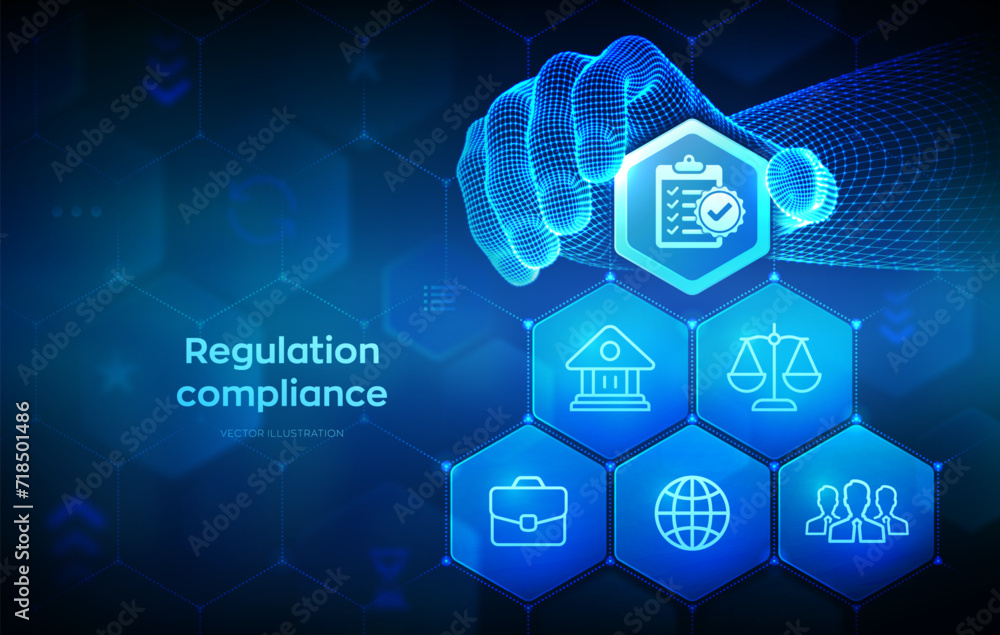 Regulation Compliance financial control technology concept. Compliance rules. Law regulation policy. Wireframe hand places an element into a composition visualizing Reg Tech. Vector illustration. - obrazy, fototapety, plakaty 