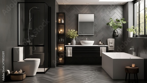 Modern monochrome bathroom with a porcelain toilet, clean lines, and geometric tile patterns, evoking a sense of simplicity and order photo