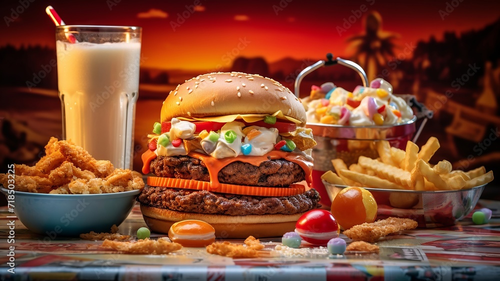 Nostalgic drive-in scene with a classic burger and milkshake served on a car window tray, evoking the golden era of american diners