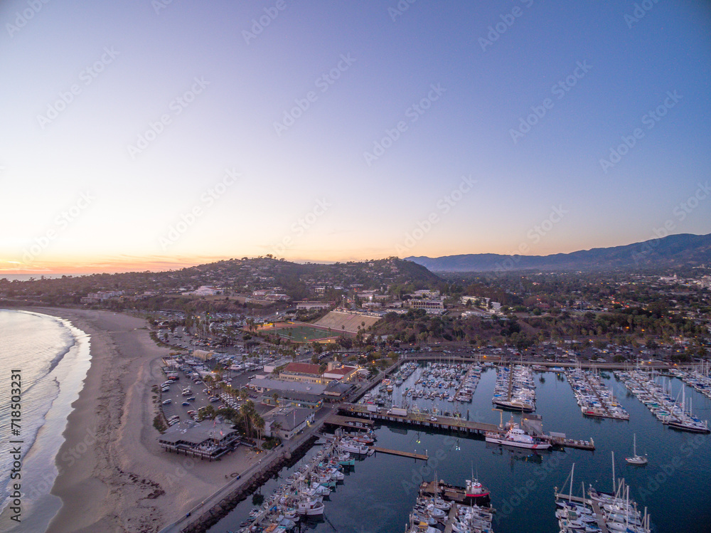 Aerial, Photo, Santa Barbara Harbor, Stearns Wharf, Downtown, Sunset