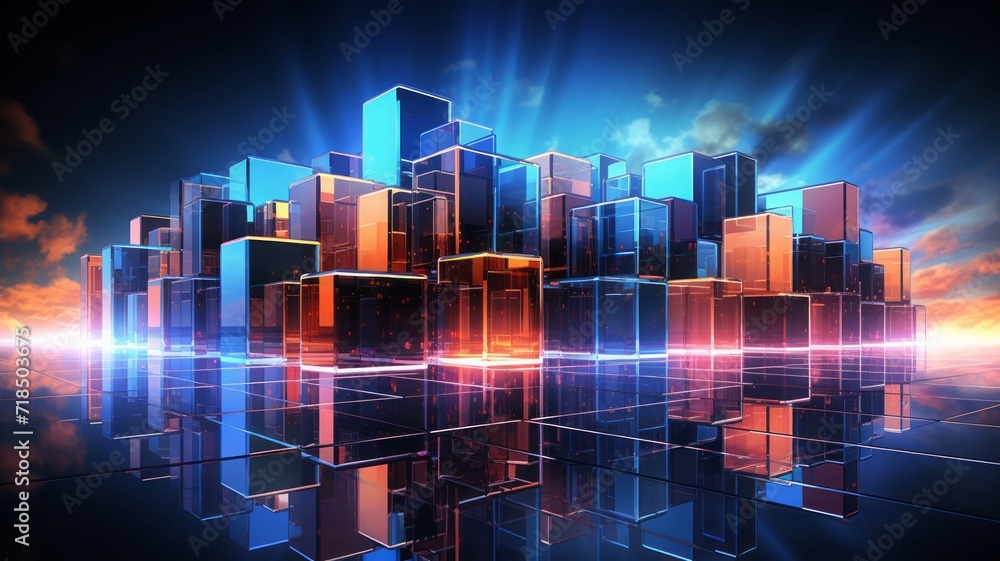 Fototapeta premium Digital 3d render of a futuristic cityscape built from metallic cubes and rectangles, illuminated by neon lights under a night sky