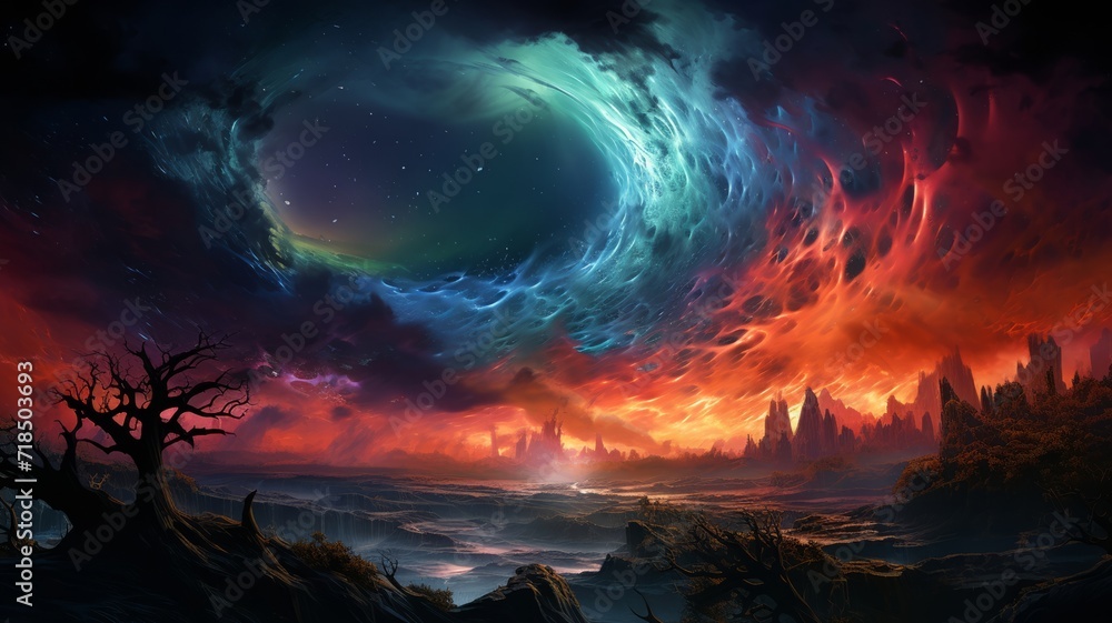 An otherworldly view of a hurricane on an alien planet, with bioluminescent colors highlighting the eye amidst a starry sky
