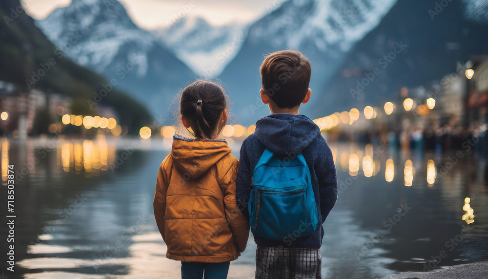 Desolate children gaze at a flooded city in dim light, conveying ...