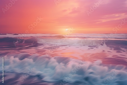 Sunset or summer sunrise over the sea. Calm waves. Bright warm colors. Morning or evening. The beauty of the sea. Seascape, work of art. Generative AI