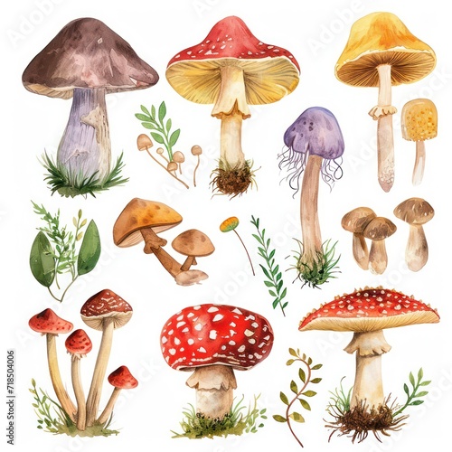 Watercolor Mushrooms Clipart, colorful, various variations