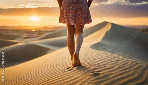 Woman's bare feet grace desert sands at sunset, embodying wanderlust and the warmth of summer exploration © Your Hand Please