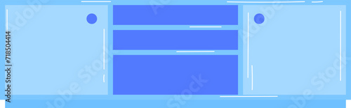 Blue kitchen furniture with cabinets and drawers flat design. Modern home interior and kitchen decor vector illustration.