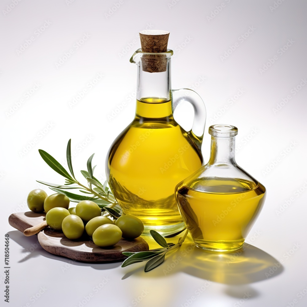 A bottle of olive oil decorated with a pile of fresh olives and green leaves on the side on white background. generative AI A bottle of olive oil decorated with a pile of fresh olives and green leaves on the side on white background. generative AI