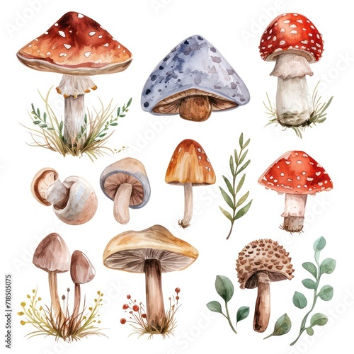 Watercolor Mushrooms Clipart illustration in various colorful variations