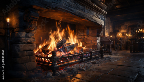 Cozy winter night  wood burning stove  delicious meal cooking generated by AI