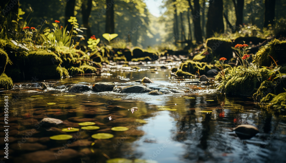 Tranquil scene green forest, flowing water, reflecting autumn beauty generated by AI Tranquil scene green forest, flowing water, reflecting autumn beauty generated by AI