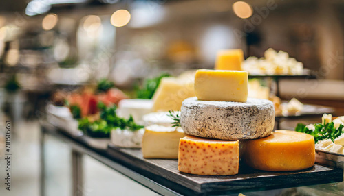 cheese selection at a high-end buffet, showcasing a tempting array of textures, colors, and flavors