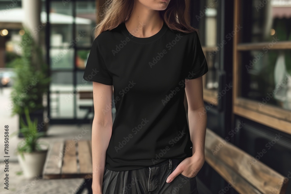 a woman wearing Unisex t-shirt in a solid black color, fit and comfort, modern and stylish aesthetic. 
