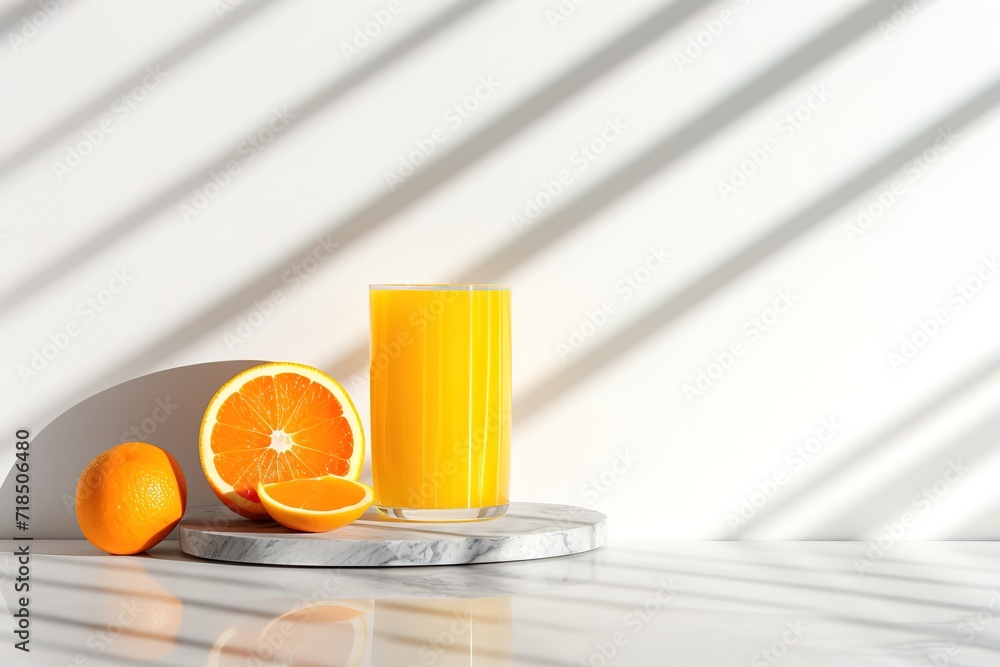 Naklejka premium A glass of orange juice with fresh orange garnish beside it. generative AI