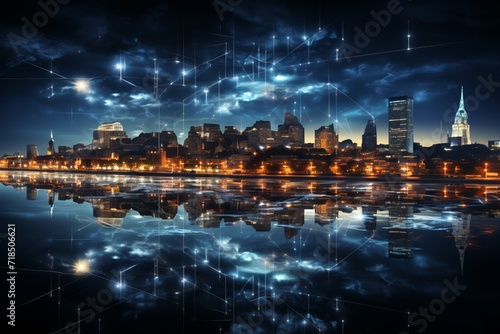 Smart city skyline with AI-controlled LED lighting for energy efficiency, Generative AI