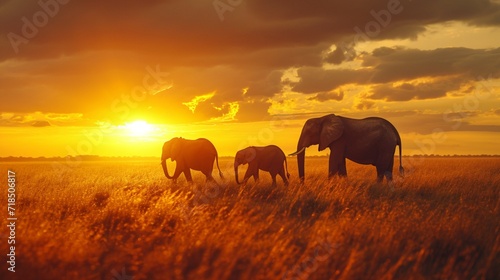 A family of elephants trekking across a vast African plain during the golden hour, with a breathtaking sunset in the background. Family, African plain