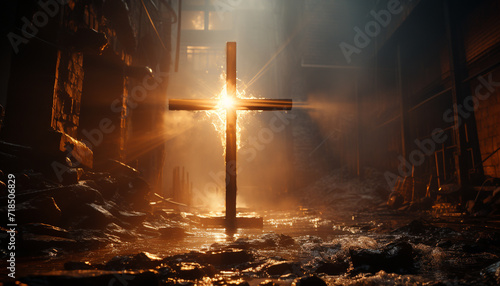 Fotografie, Tablou Burning cross symbolizes spirituality, forgiveness, and illuminated salvation ge