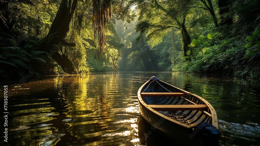 An adventurous river expedition framed by verdant rainforest foliage, as seen from the bow of a rustic canoe on a vibrant, sunny day An adventurous river expedition framed by verdant rainforest foliage, as seen from the bow of a rustic canoe on a vibrant, sunny day