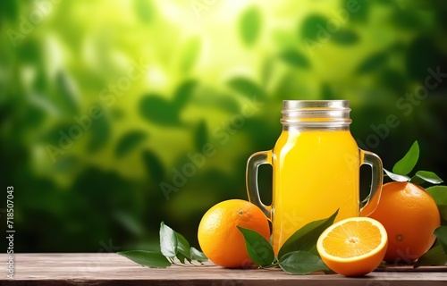 A glass of orange juice with sweet orange garnish on the side and bokeh green leaves background. generative AI
