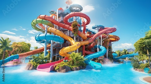 Summer spectacle of intertwining water slides, their bright hues popping against the pool's azure waters and the sunny, cloud-dotted expanse photo