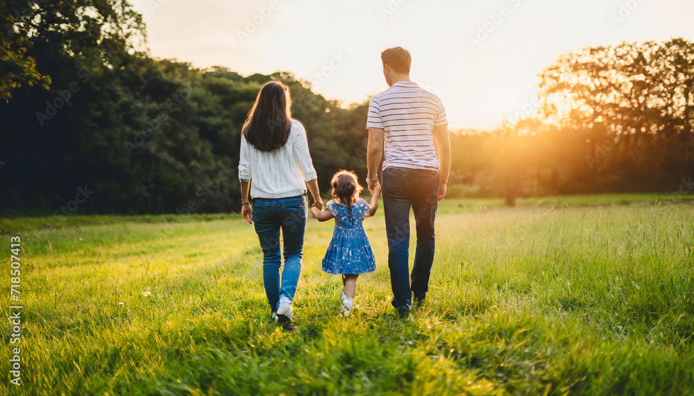 family silhouette, backs turned, strolling in a meadow at sunset, radiating happiness in warm, low-lit ambiance family silhouette, backs turned, strolling in a meadow at sunset, radiating happiness in warm, low-lit ambiance
