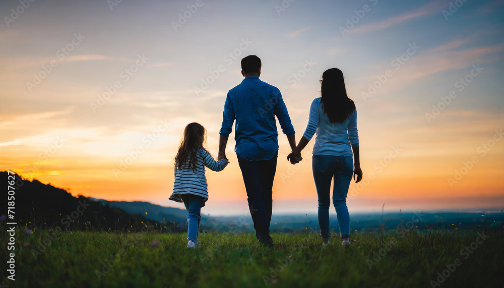 family silhouette, backs turned, strolling in a meadow at sunset, radiating happiness in warm, low-lit ambiance
