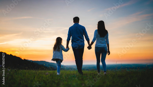 family silhouette  backs turned  strolling in a meadow at sunset  radiating happiness in warm  low-lit ambiance