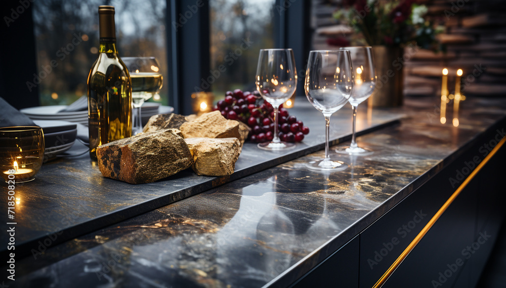 Luxury meal wine, gourmet food, elegant table, refreshing drink generated by AI