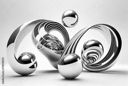 3d chrome metal silver swirl balls on white background