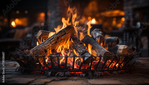 Glowing bonfire warms winter night, cooking food for comfort generated by AI