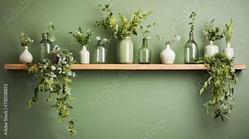 An organic-inspired display featuring a smooth, floating wooden mantle against a backdrop of sage green, accented with minimalist vases and trailing ivy