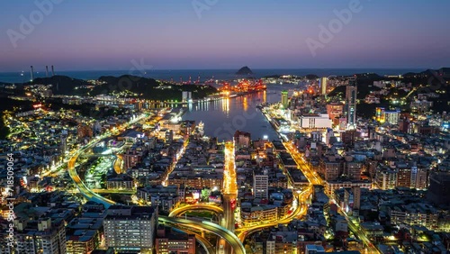 Aerial view of Keelung city at night, Taiwan. photo