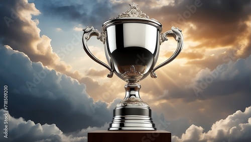 Silver trophy in heavenly background of clouds symbol of glory, concept of triumph and victory from Generative AI