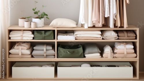 Stylish clothing storage solution, featuring a drawer with compartmentalized sections for assorted apparel, set in a light, scandinavian-inspired interior © vectorizer88