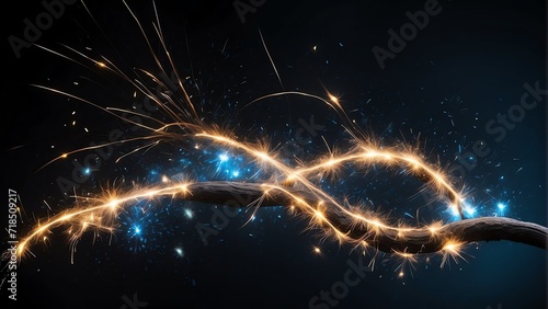 Trail of blue sparkler light with sparks and particles on plain black background from Generative AI