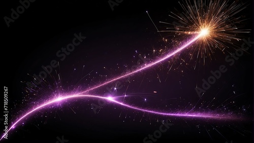 Trail of purple sparkler light with sparks and particles on plain black background from Generative AI