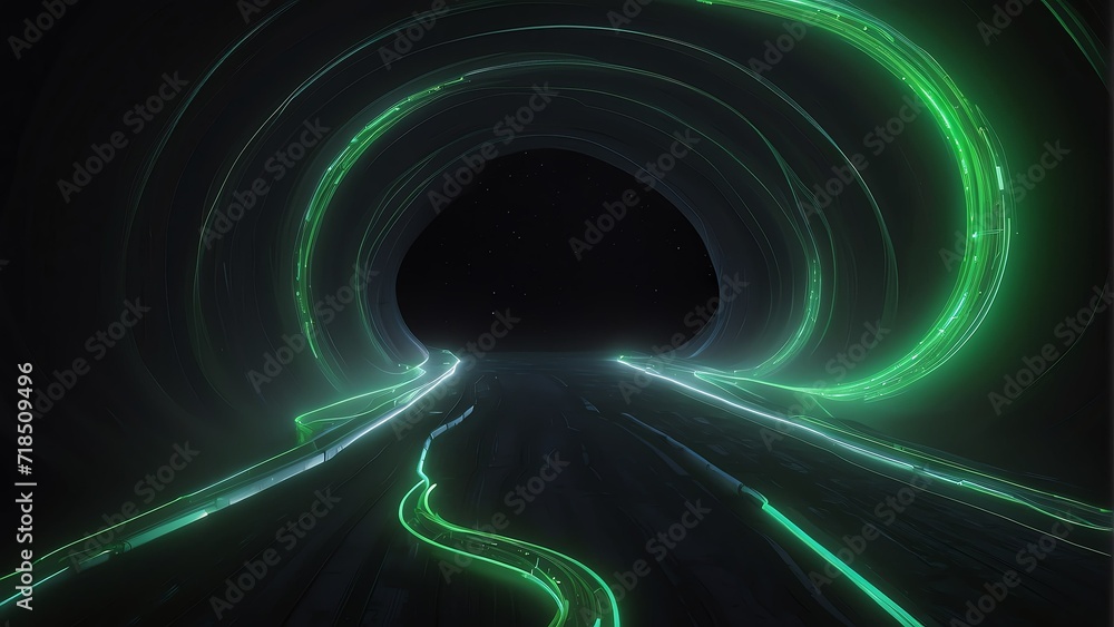 Black hole emitting trail of green glowing neon lights from Generative AI