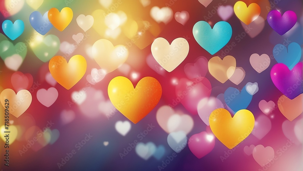 Bright rainbow colored hearts and bokeh abstract background banner, valentine love concept from Generative AI