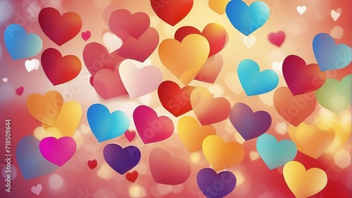 Bright rainbow colored hearts and bokeh abstract background banner, valentine love concept from Generative AI
