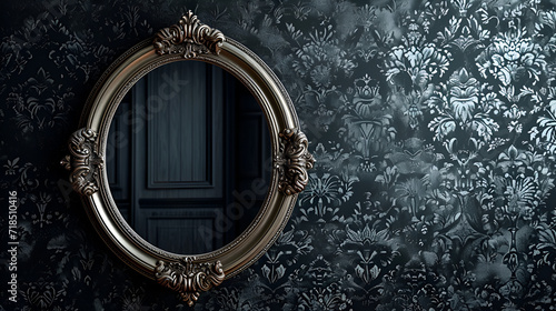 a beautiful vintage mirror on printed black wall, copy space, generative ai © Saleem