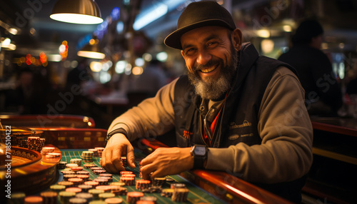 Smiling man playing leisure games indoors at night generated by AI