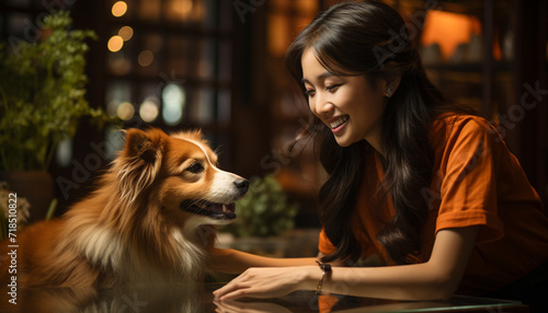 Smiling woman playing with cute dog outdoors generated by AI
