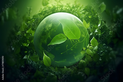 green planet earth, Earth Day concept, World Environment Day, environmental green sphere background with leaves and leafy branches, shaped the planet with leaves photo
